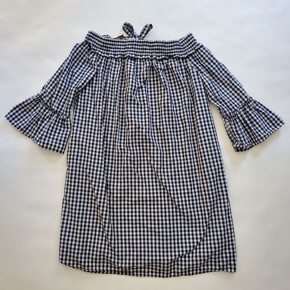 Charter Club Cotton Off-The-Shoulder Shift Intrepid Blue Checkerboard Combo Med‎ - Picture 1 of 8